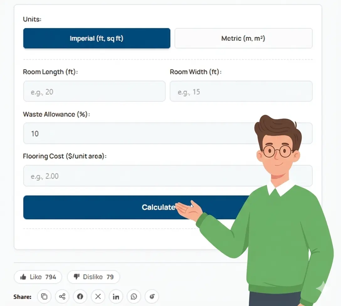 Flooring Calculator on 100calc.com featuring room dimensions, waste allowance percentage, and cost per unit area inputs, introduced by a mascot.