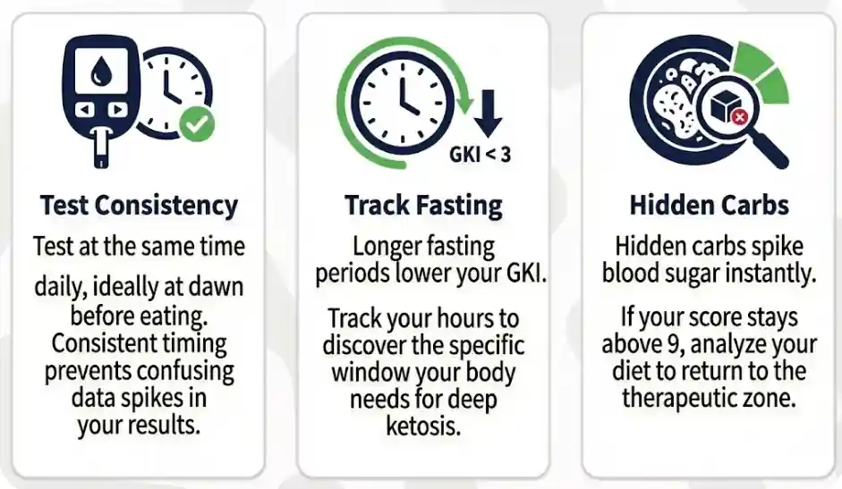 Infographic with 3 GKI metabolic tips: Testing blood at the same time (ideally at dawn), tracking fasting duration's impact on ketosis, and identifying hidden carbs to maintain a fat-burning state.