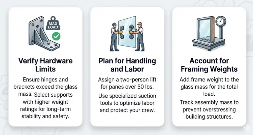 Infographic with 3 glass safety tips: checking hardware ratings, planning team lifts for heavy glass, and calculating total assembly weight.