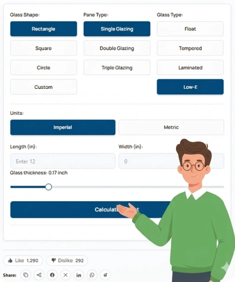 Glass Weight Calculator on 100calc.com featuring glass shape selection, glazing options, and a slider for glass thickness, introduced by the mascot boy.