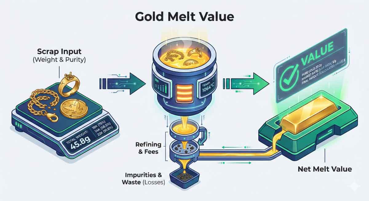 Educational infographic illustrating how the gold melt value calculator works, showing scrap input, the refining process with fee deductions, and the final net melt value output.