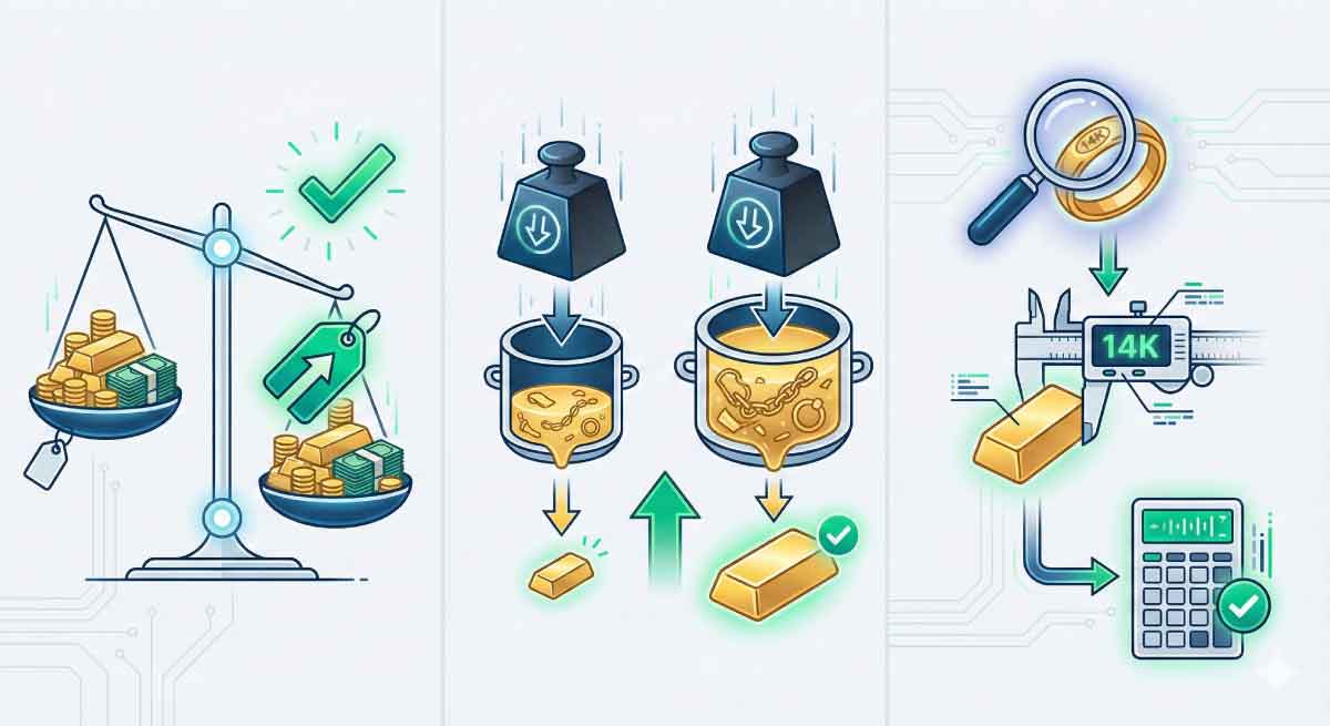 Educational infographic showing smart gold selling tips: comparing offers by gold melt value per gram, avoiding flat fees on small lots, and verifying purity before calculation.