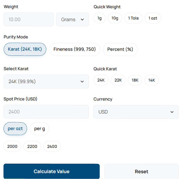 User interface of the Gold Price Calculator by Weight displaying inputs for weight, purity, and spot price with instant result output.