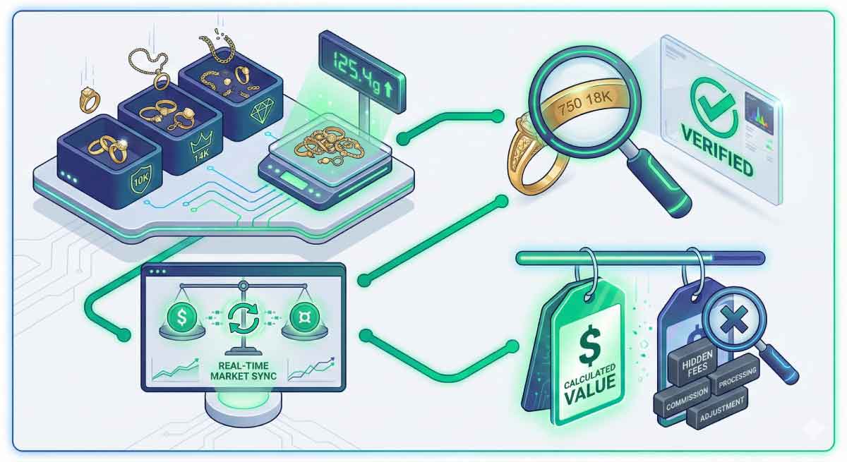 Infographic showing smart actions after using the Gold Price Calculator by Weight, including sorting by karat, verifying purity hallmarks, checking currency exchange rates, and comparing the calculated value against dealer offers with fees.