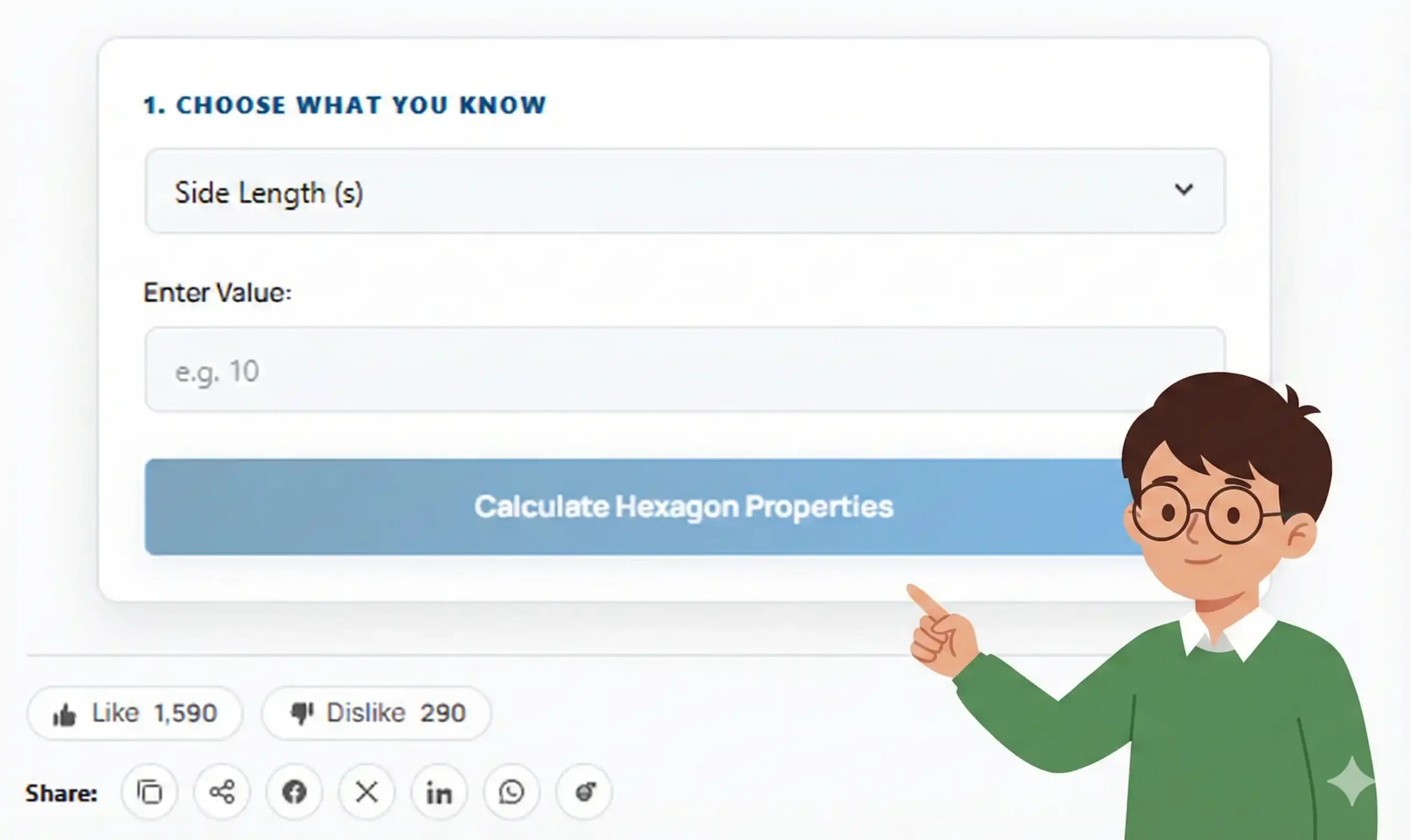 Hexagon Calculator on 100calc.com showing a dropdown to select known values like Side Length and an input field, introduced by a mascot.