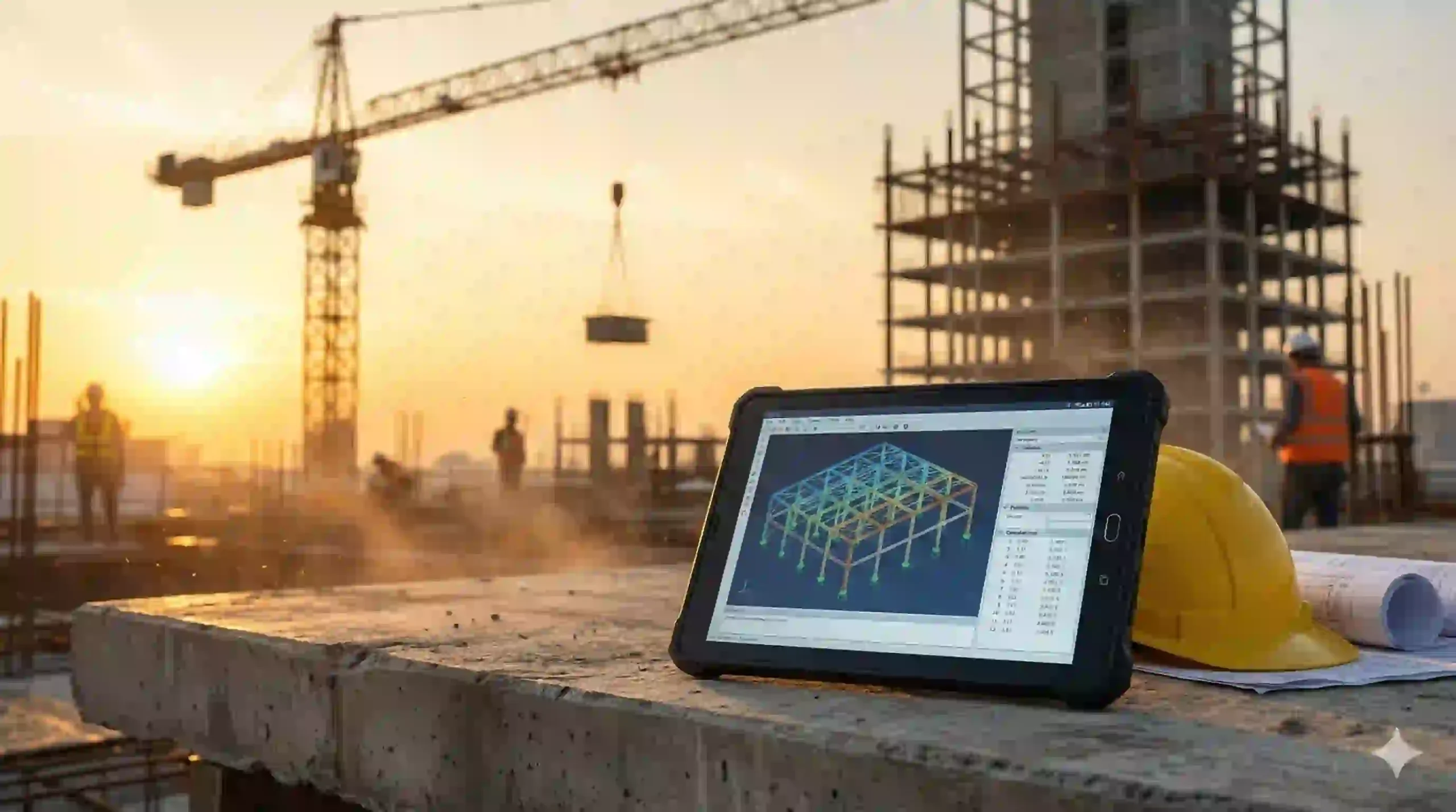 A rugged digital tablet displaying a glowing 3D structural BIM model and calculation data on a concrete ledge, next to a yellow hard hat and blueprints at a skyscraper construction site during a golden sunset.