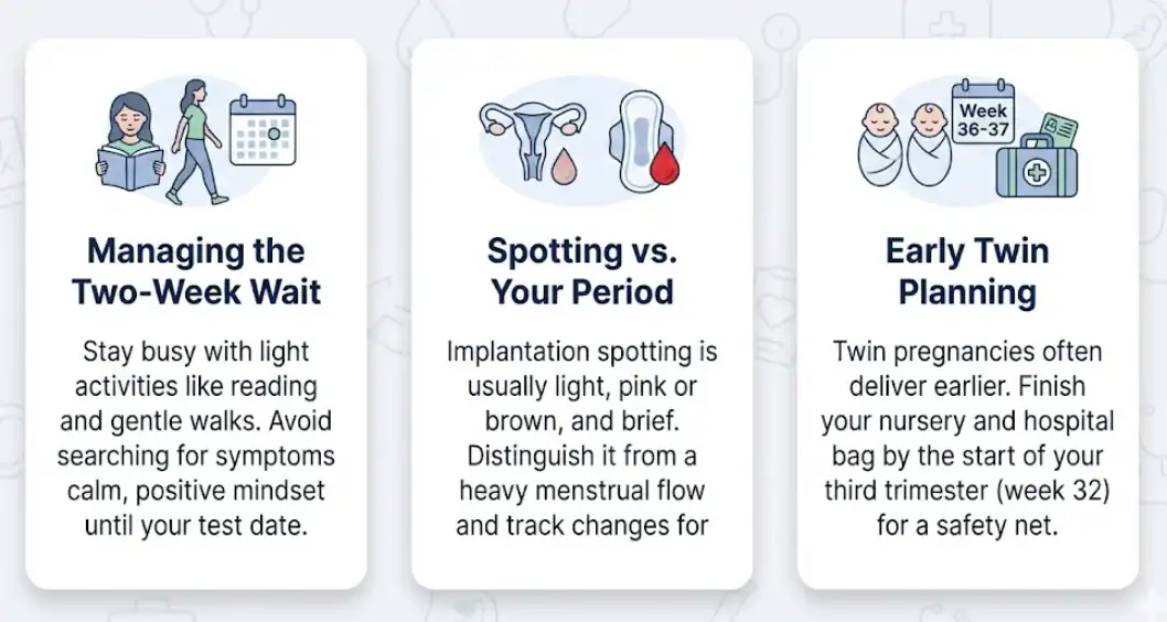Medical infographic with 3 IUI tips: Managing anxiety during the two-week wait, distinguishing implantation spotting from a period, and planning for twin delivery by week 32.