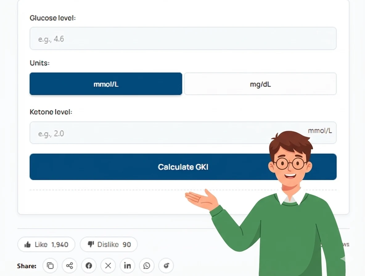 Keto-Mojo GKI Calculator interface showing inputs for glucose and ketone levels (mmol/L or mg/dL) to measure ketosis, guided by the 100calc mascot.