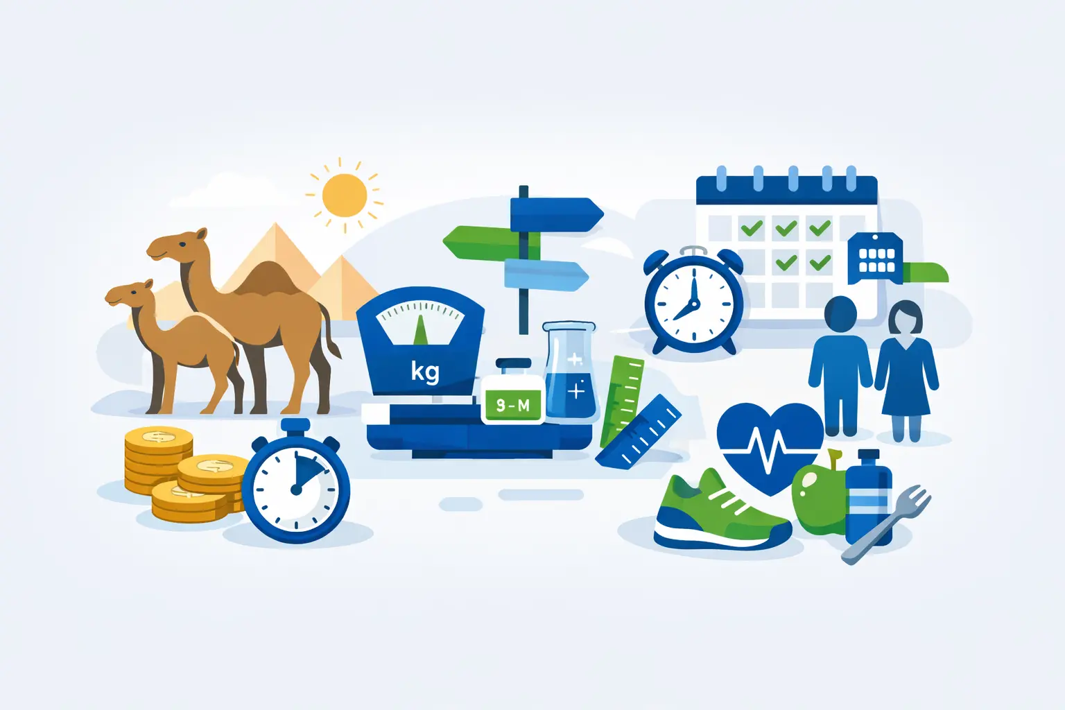 Lifestyle calculators infographic showing camel calculations, unit conversions, attendance tracking, health, and daily life tools
