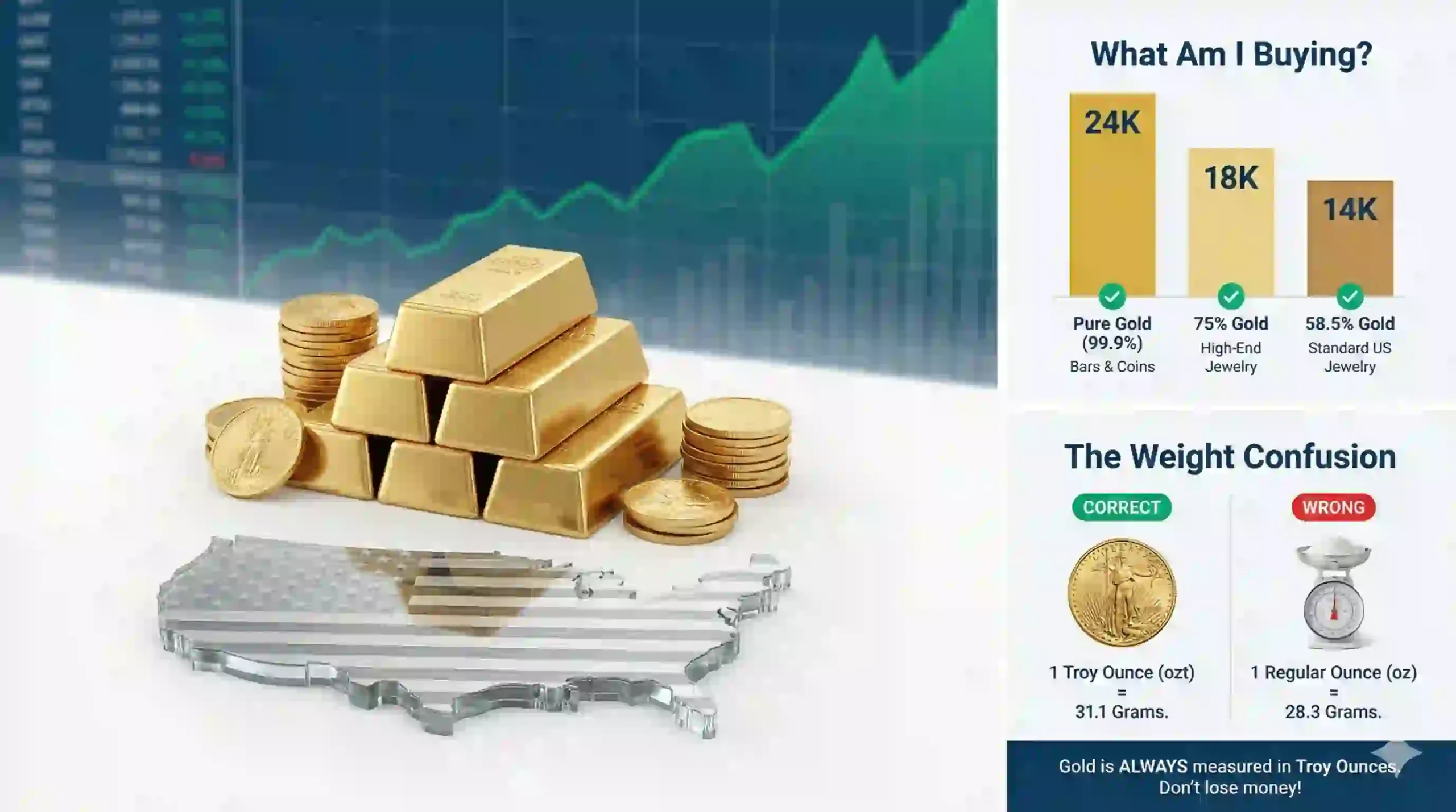 Live gold price chart in USA Dollars (USD) with gold bullion bars and American flag concept.