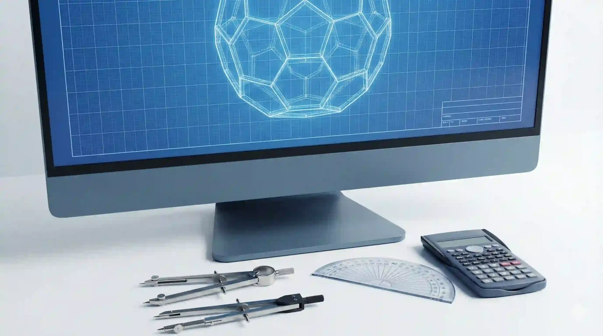 Professional geometry tools and digital blueprints showing pentagon, hexagon, and triangle calculations.