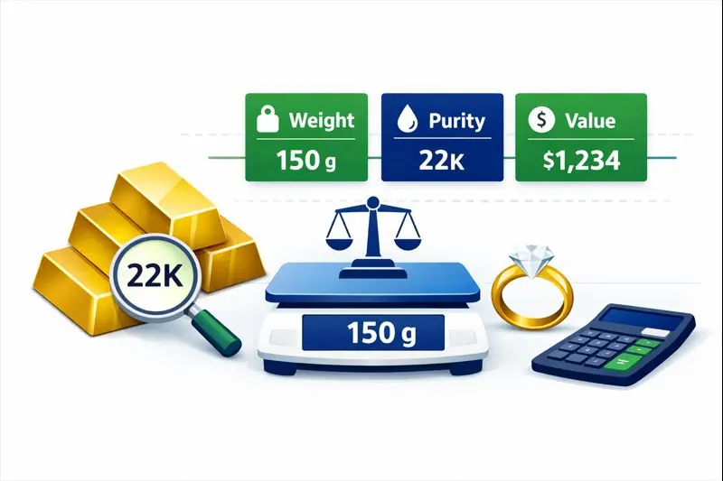 Metal calculators for gold weight purity and value estimates