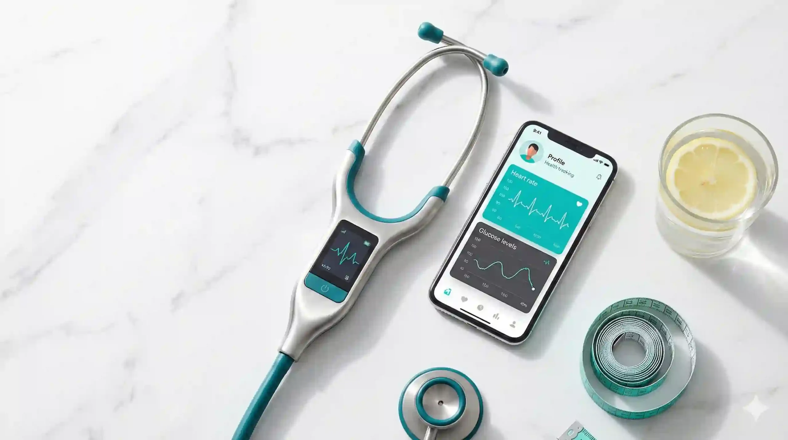 A professional medical flat-lay on white marble featuring a digital stethoscope, a smartphone with a health-tracking app, a measuring tape, and a glass of lemon water.