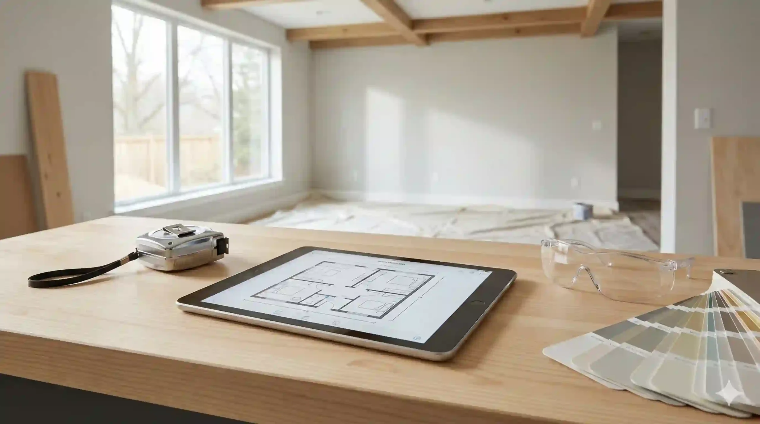 A high-end DIY workspace on a wooden workbench featuring a digital tablet with a floor plan, a tape measure, and paint swatches, set against a modern living room undergoing renovation.