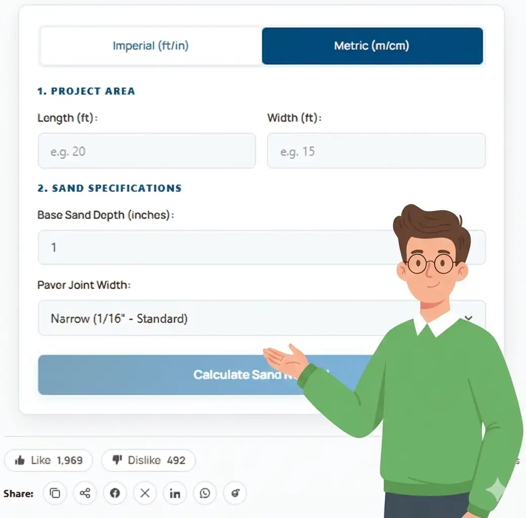 Paver Sand Calculator on 100calc.com featuring Project Area inputs and Sand Specifications for base sand depth and paver joint width, introduced by a mascot.