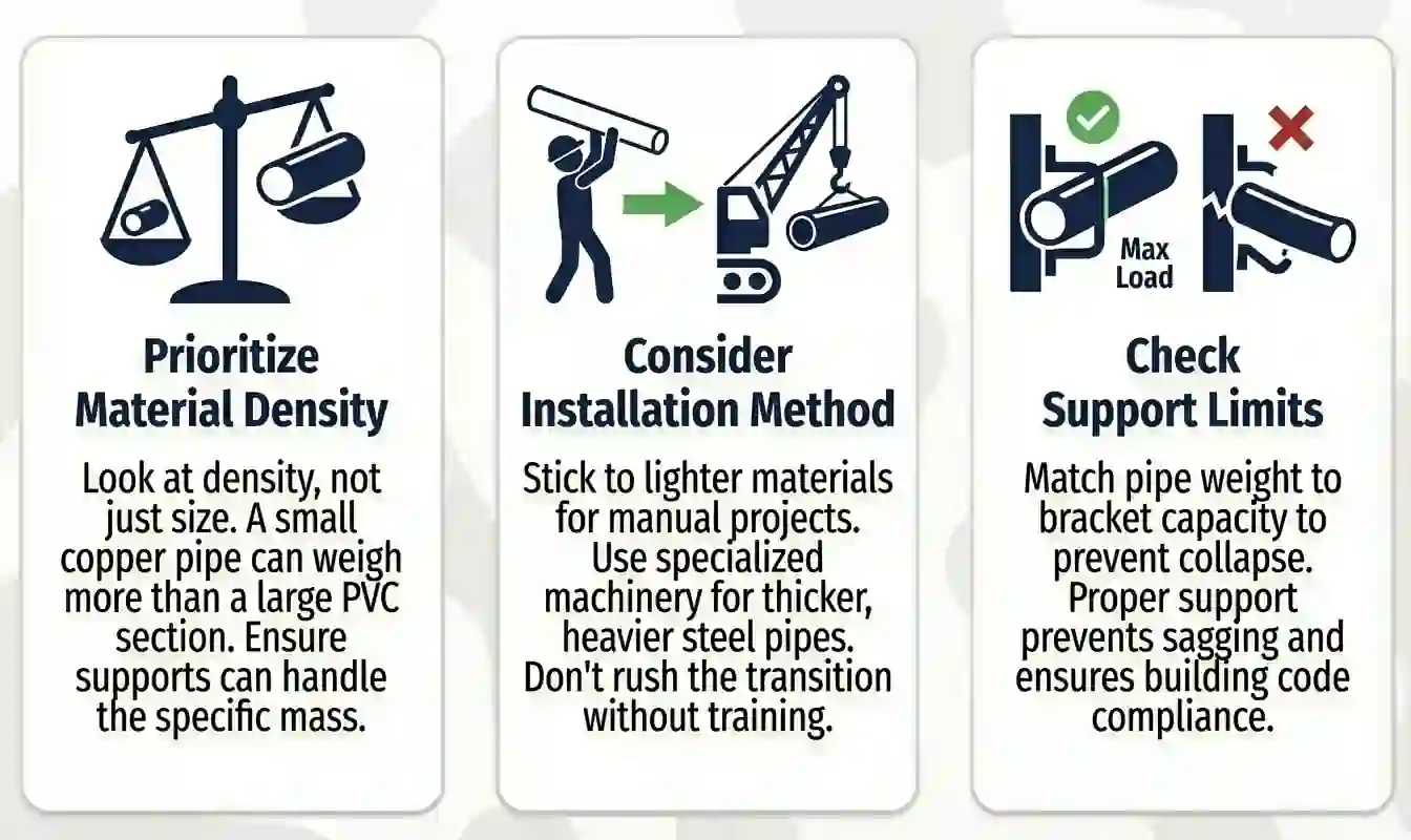 Infographic on pipe weight planning: 1. Prioritize density over visual size (e.g., small copper vs. large PVC); 2. Choose manual vs. crane installation based on weight; 3. Match pipe load to bracket support limits to prevent structural collapse.