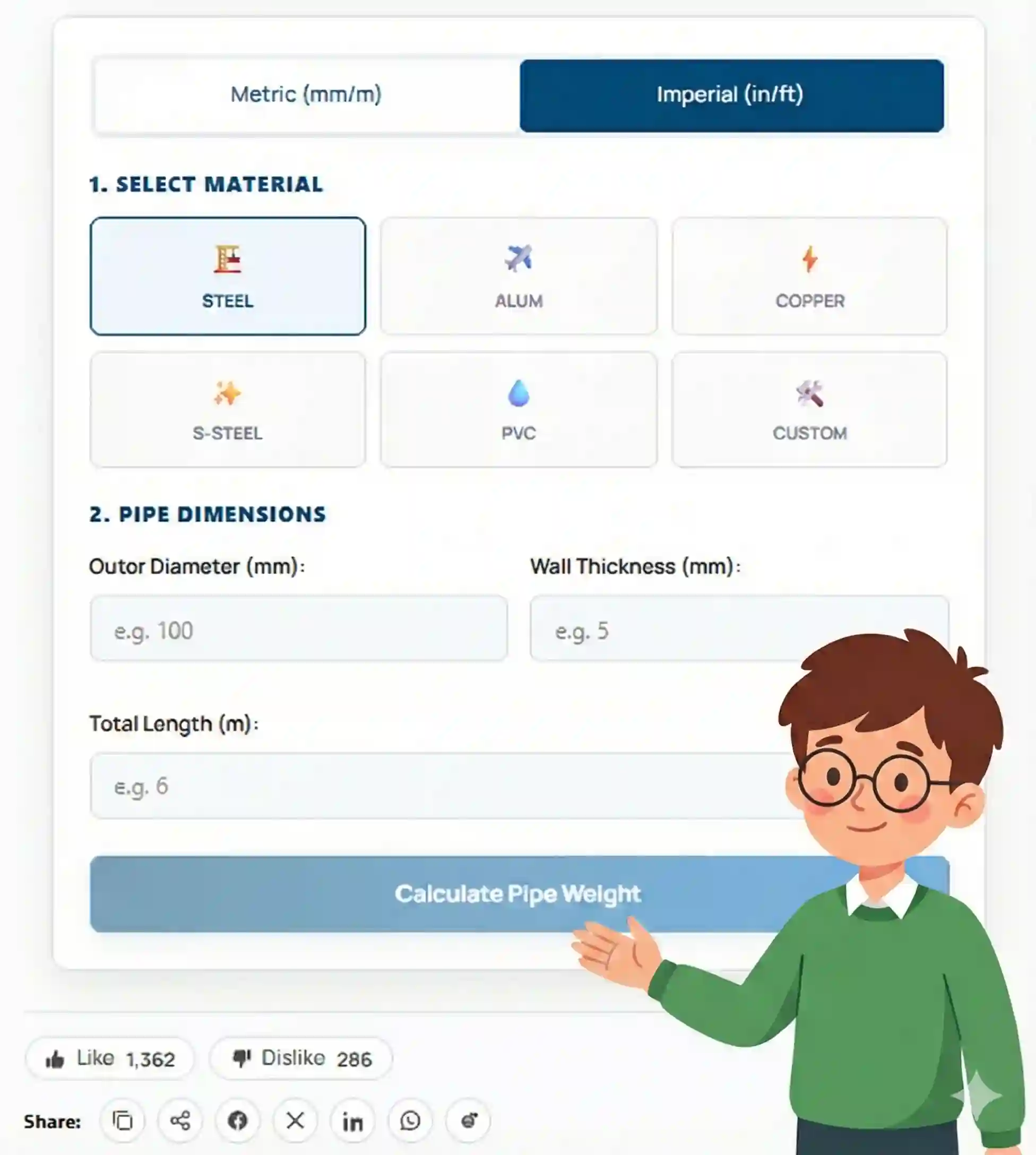 Pipe Weight Calculator on 100calc.com for Steel, Aluminum, and PVC, showing diameter and length inputs introduced by a friendly mascot.