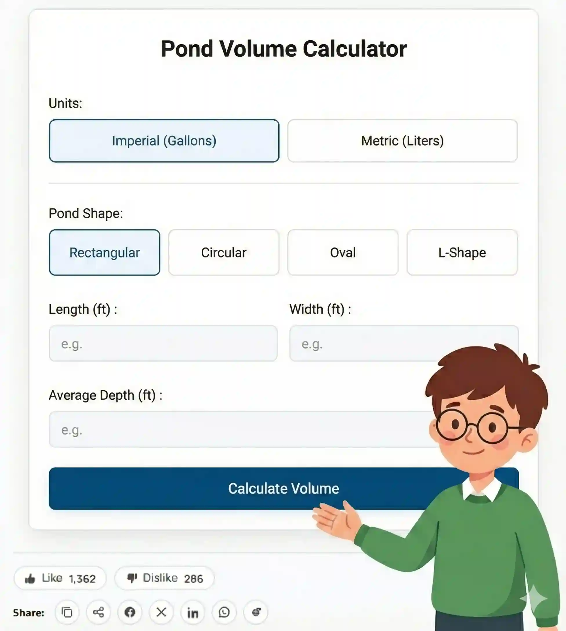 Pond Volume Calculator on 100calc.com featuring pond shape selections for Rectangular, Circular, and Oval ponds with Average Depth inputs.