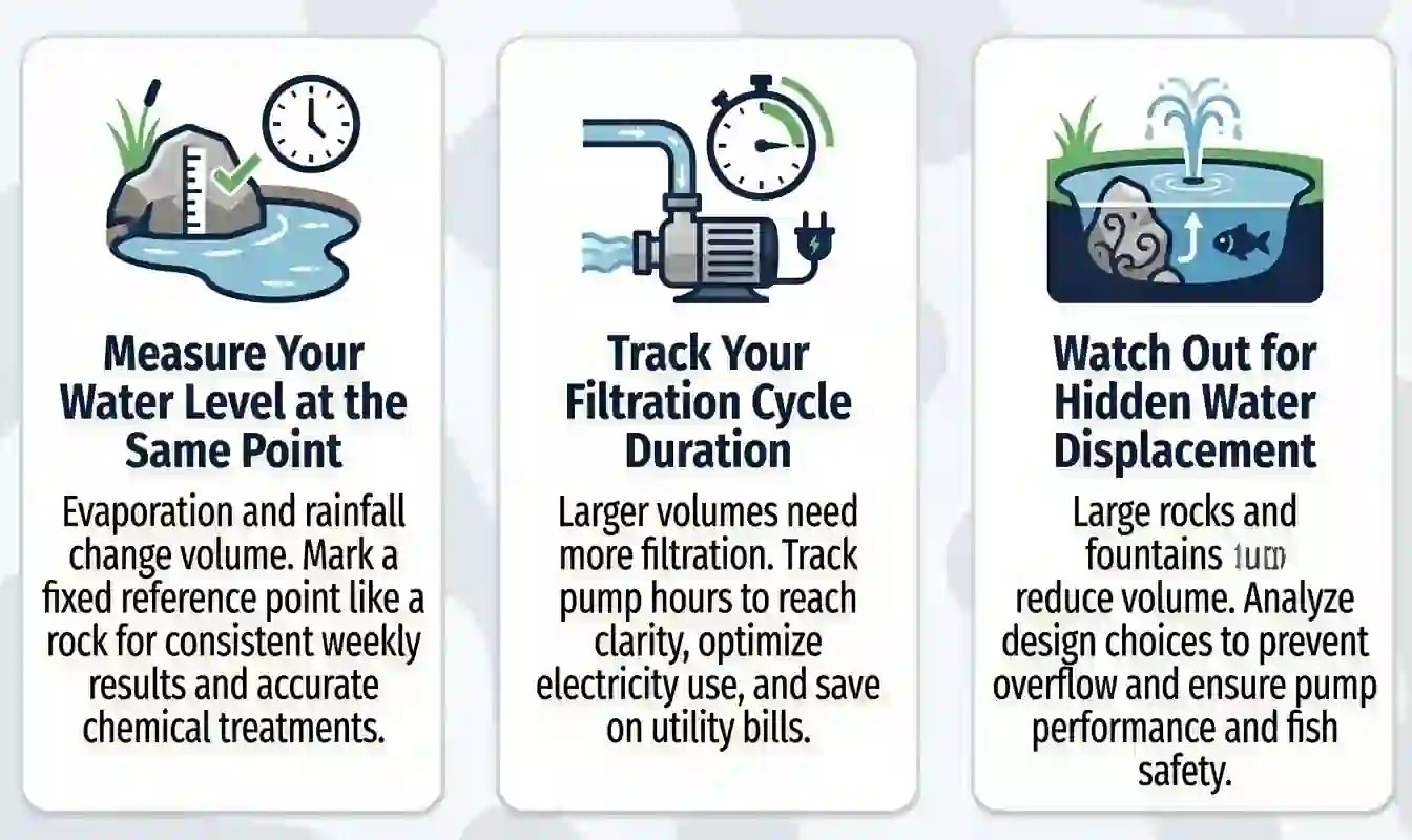 Infographic with 3 pond maintenance tips: Marking a fixed reference point for water levels, tracking filtration cycles for energy efficiency, and accounting for water displacement from rocks and fountains.