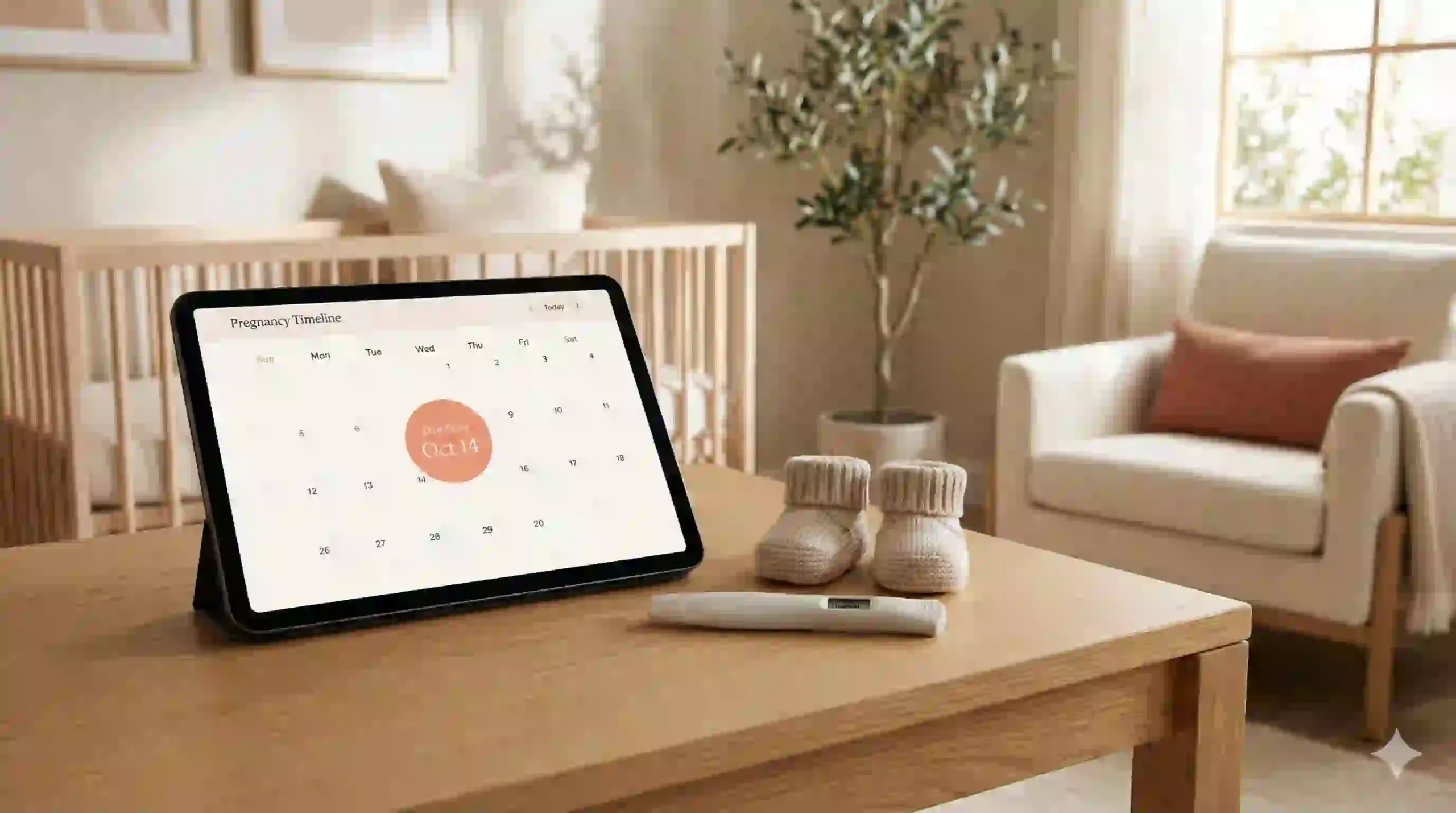 A digital tablet displaying a pregnancy timeline and due date calculator next to baby booties on a wooden table, representing pregnancy and fertility tools.