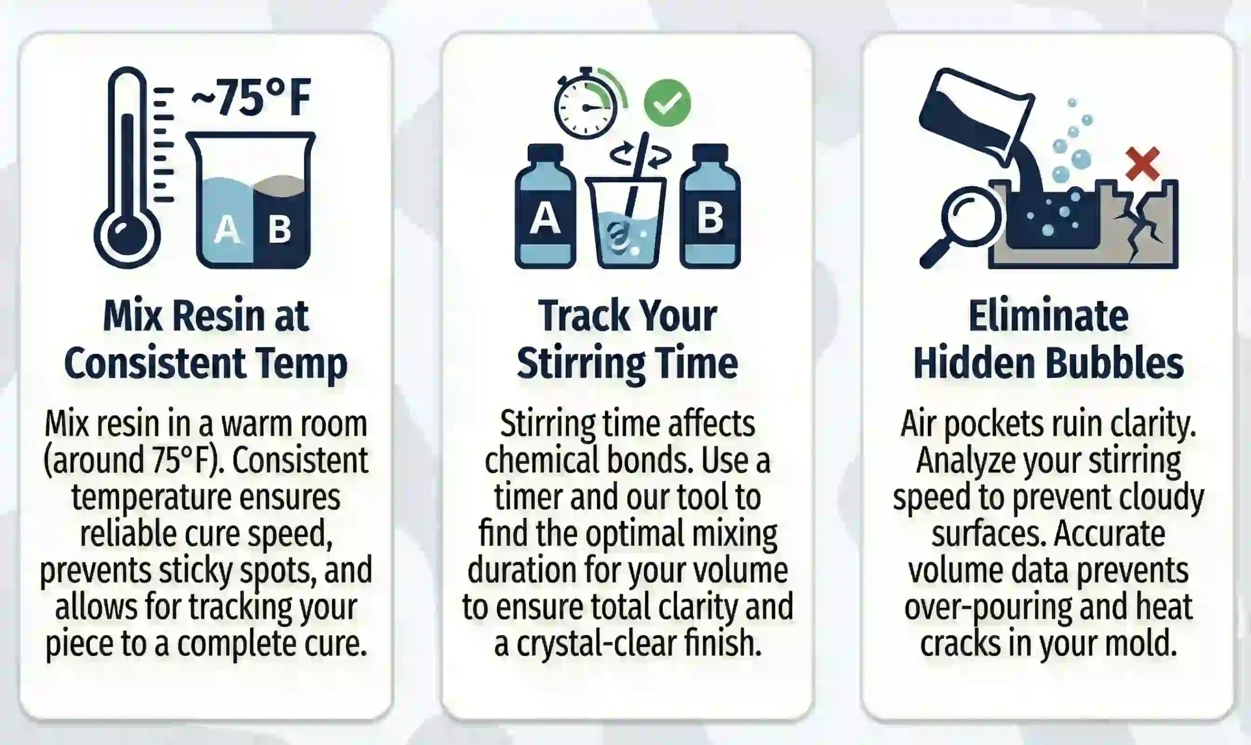 Infographic with 3 resin crafting tips: maintaining a consistent 75-degree temperature for curing, tracking stirring duration for clear mixtures, and preventing hidden bubbles and heat cracks during pouring.