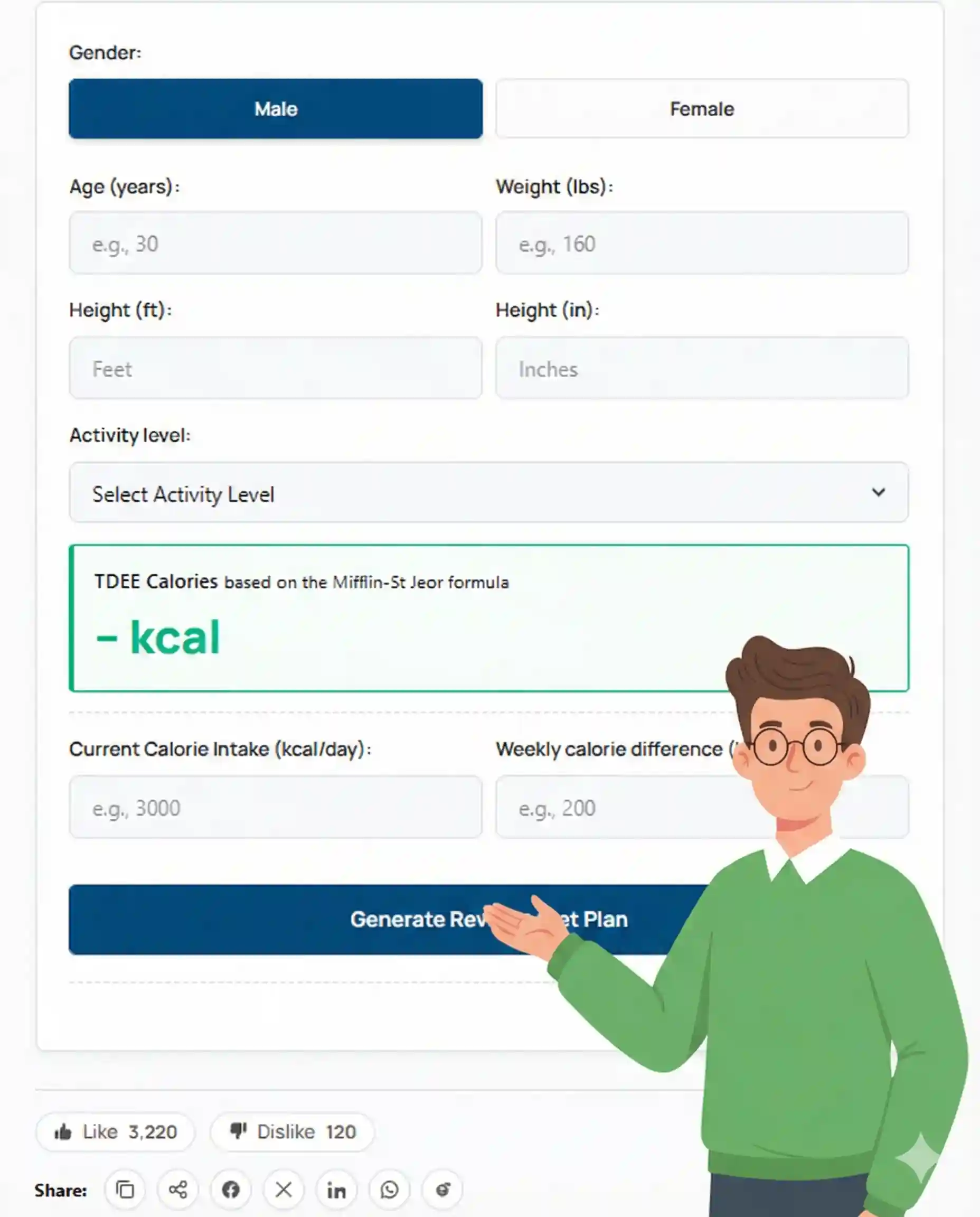 Reverse Diet Calculator on 100calc.com showing TDEE and calorie intake fields, introduced by a friendly mascot character.