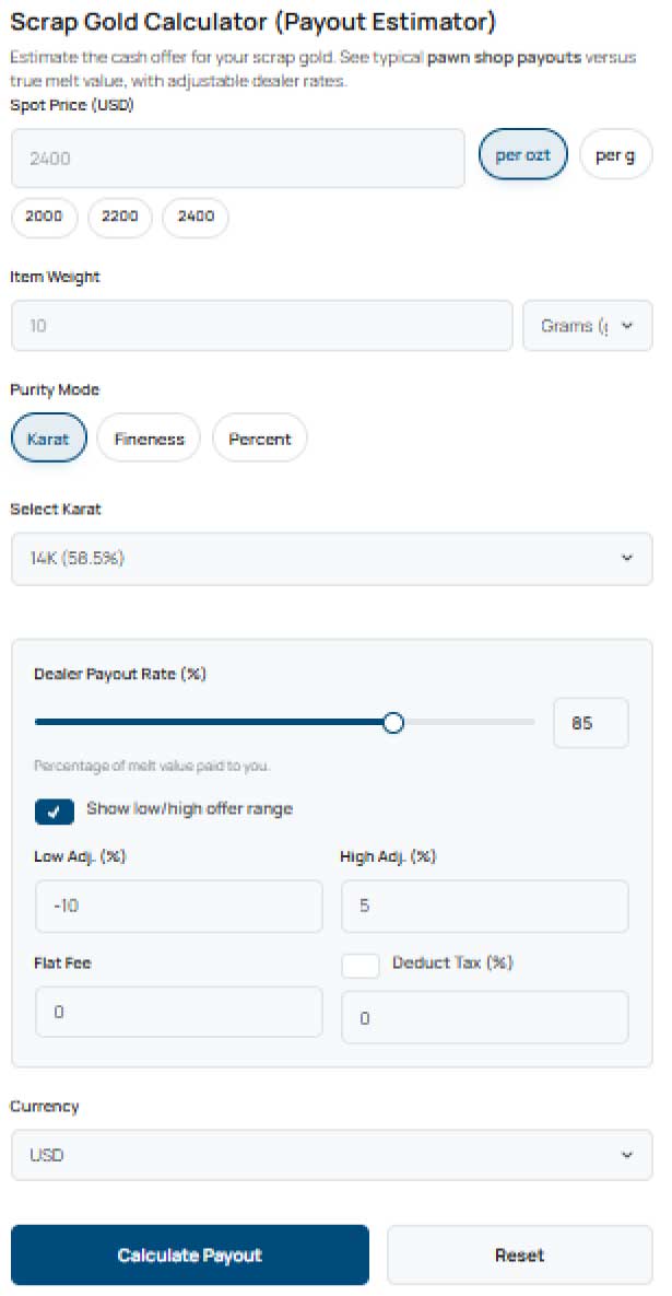 100Calc scrap gold calculator interface displaying inputs for spot price, weight, and karat with the estimated cash offer and dealer spread results.