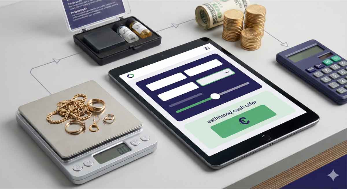 A digital tablet displaying the scrap gold calculator interface with a green estimated cash offer, placed next to a digital scale weighing gold jewelry and a purity testing kit to illustrate the valuation process.