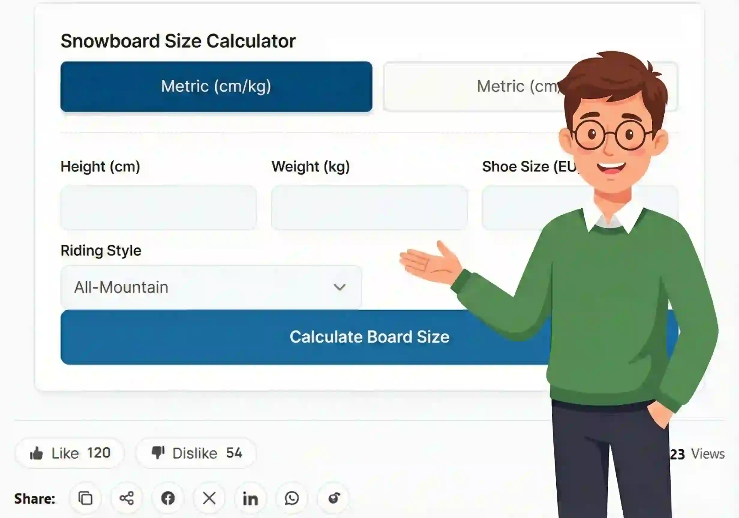 Snowboard Size Calculator interface showing inputs for height, weight, and shoe size to calculate board length, guided by the 100calc mascot.