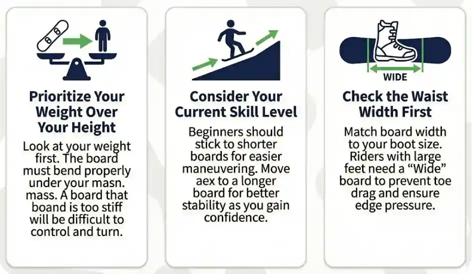 Infographic on snowboard sizing: Prioritize weight over height, choose length based on skill level, and match board waist width to boot size.