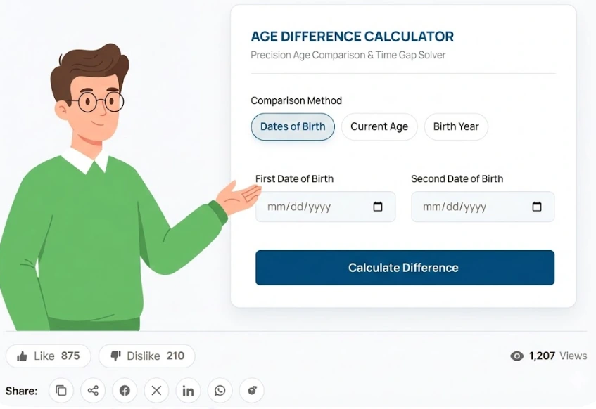 A male mascot in a green sweater pointing to the Age Difference Calculator interface on 100calc.com to find the exact time gap between two dates of birth.