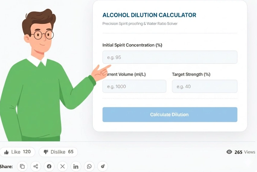 A male mascot in a green sweater pointing to the Alcohol Dilution Calculator interface on 100calc.com to find the precise spirit proofing and water ratio.