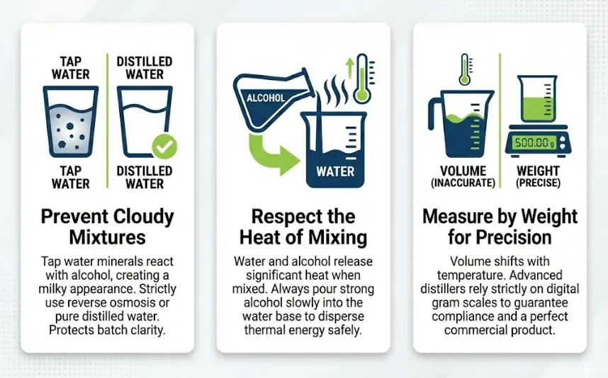 Infographic guide for an alcohol dilution calculator illustrating tips on preventing cloudy mixtures by using distilled water, respecting the heat of mixing, and measuring by weight for precision.