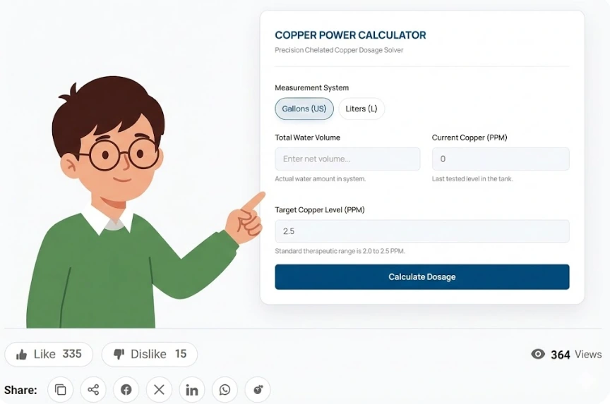 A boy mascot with glasses in a green sweater pointing to the Copper Power Calculator interface on 100calc.com to find the required chelated copper dosage for an aquarium.