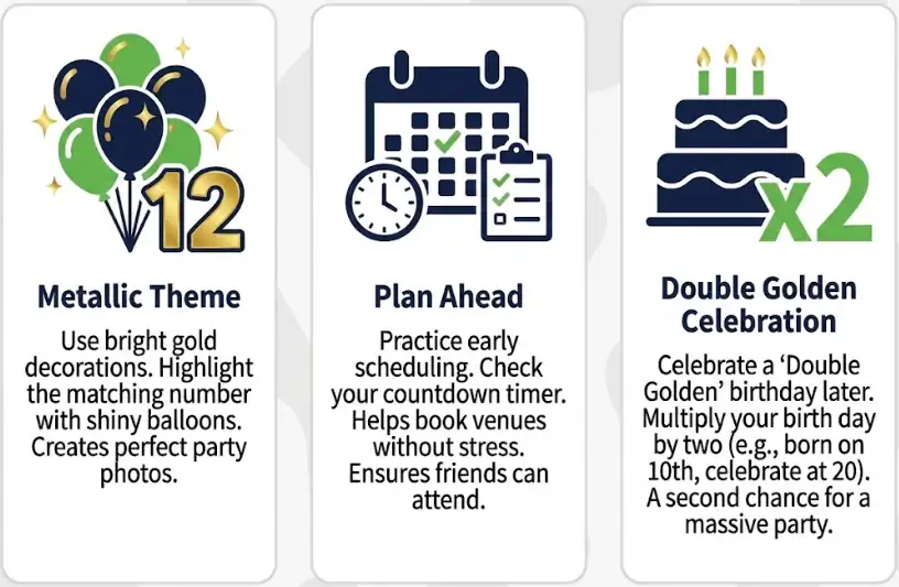 Infographic for the Crown Birthday calculator illustrating three planning tips: creating a metallic gold theme, scheduling the event ahead of time, and calculating a double golden celebration.