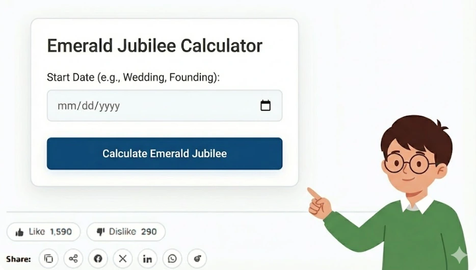 A boy mascot with glasses pointing to the Emerald Jubilee Calculator interface on 100calc.com to calculate a start date.