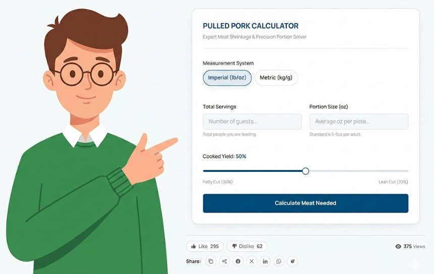 A male mascot in a green sweater pointing to the Pulled Pork Calculator interface on 100calc.com to find the exact raw pork volumes accurately.