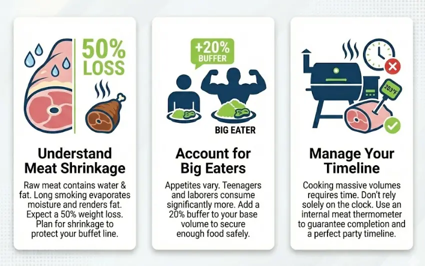 Infographic guide for the Pulled Pork Calculator illustrating crucial planning tips: understanding 50% meat shrinkage during cooking, accounting for big eaters by adding a 20% buffer, and managing the timeline using an internal meat thermometer instead of just a clock.