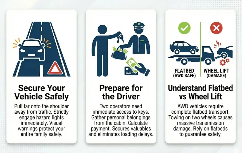 Infographic guide to accompany a towing estimate calculator, illustrating crucial steps for securing your vehicle safely on the shoulder, preparing keys and payment for the driver, and understanding the necessity of flatbed vs. wheel lift transport.