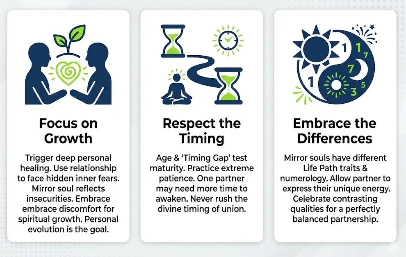 Infographic guide for twin flame relationships covering three key aspects: focusing on personal spiritual growth and healing, respecting divine timing and patience during gaps, and embracing differing life path numbers and qualities for a balanced union.