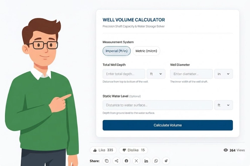 A male mascot in a green sweater pointing to the Well Volume Calculator interface on 100calc.com to determine shaft capacity and water storage.