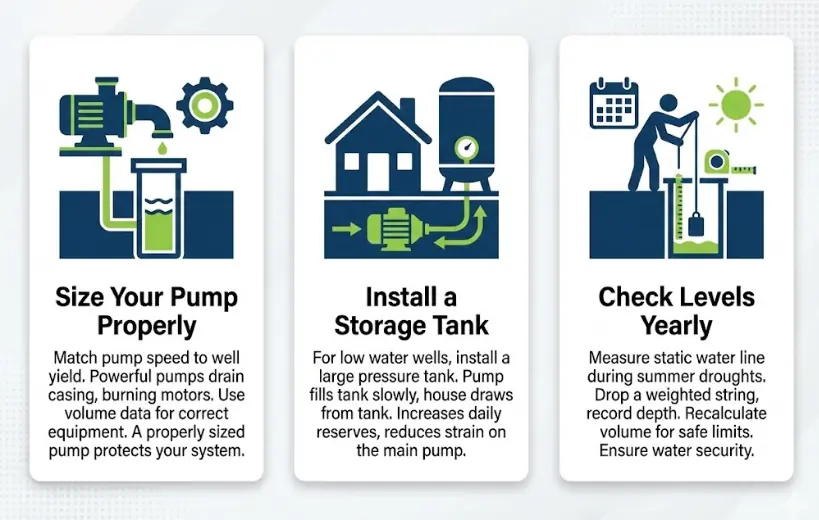 Infographic guide for a well volume calculator illustrating tips on sizing a pump to match well yield, installing a storage tank for low-water wells, and checking water levels yearly for security.