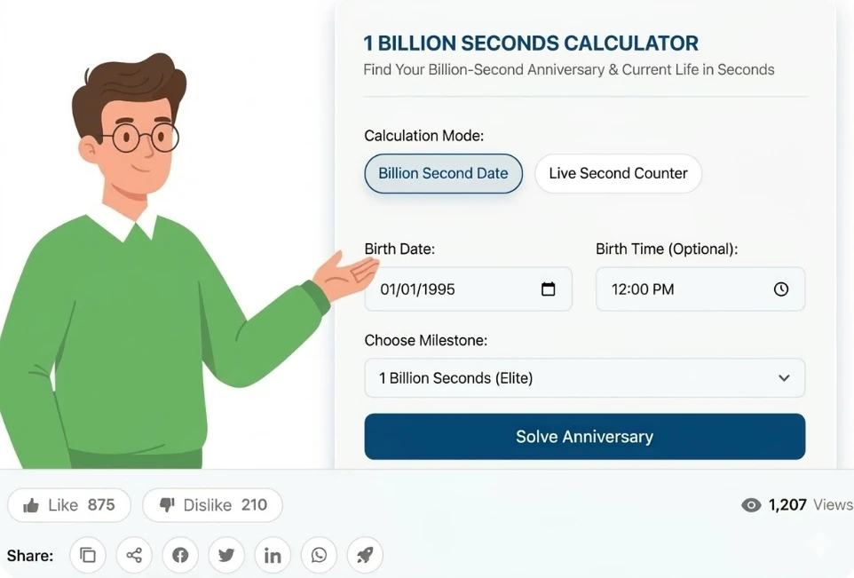 A professional introduction graphic for the 1 Billion Seconds Calculator featuring a mascot in a green sweater. The interface shows options for Billion Second Date and Live Second Counter, with fields for birth date and time on a clean white background.