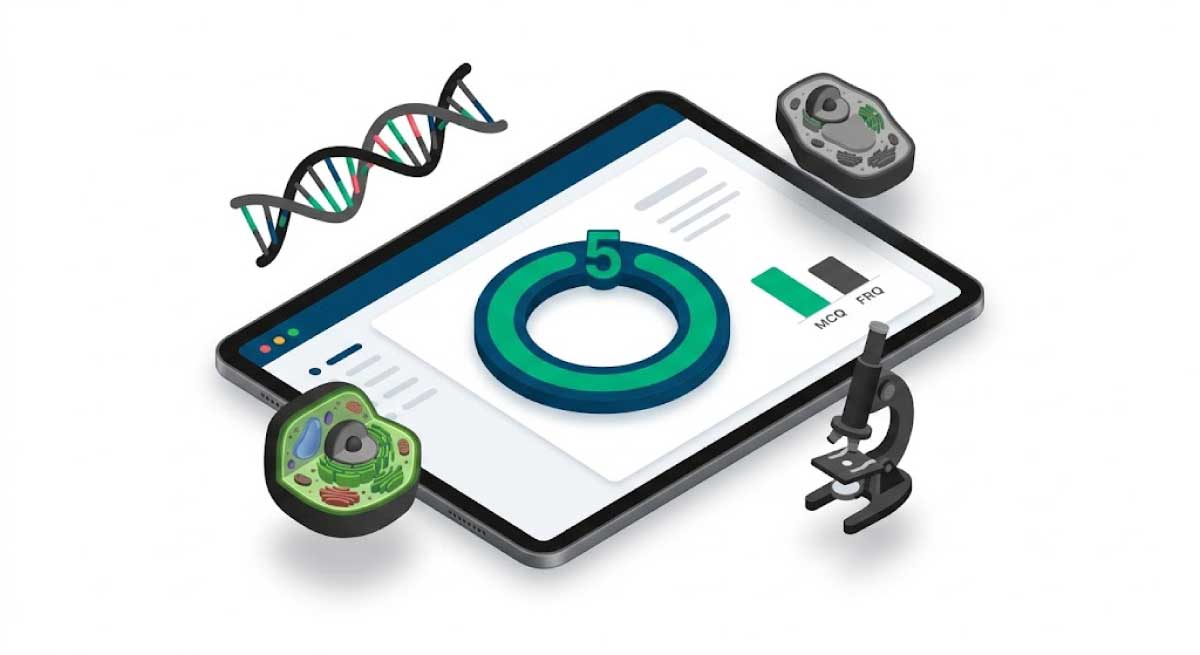 A modern educational illustration showing an AP Biology Score Calculator on a digital dashboard with stylized DNA, cells, and a microscope on a white background.