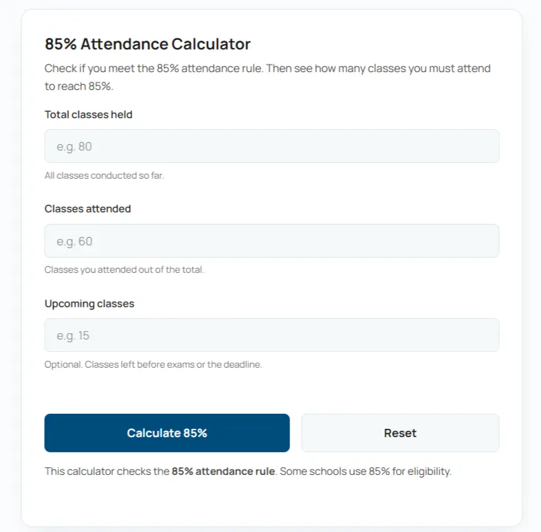 85% Attendance Calculator interface