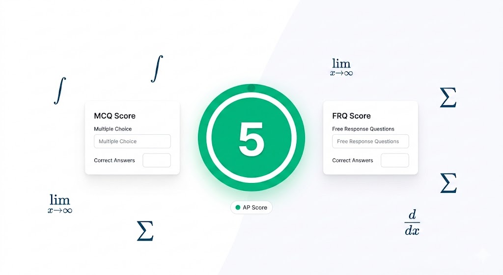 A clean modern digital interface representing the AP Calc BC Score Calculator, featuring labeled input fields for MCQ and FRQ scores, a central green progress ring displaying a perfect score of 5, and floating calculus symbols.