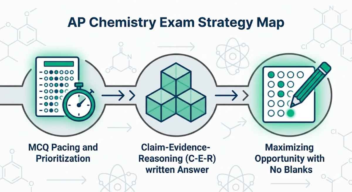 A modern vector infographic illustrating a three-step AP Chemistry exam strategy map. First, a Scantron and stopwatch icon represent "MCQ Pacing and Prioritization" (50%). Second, three interlocking blocks symbolize the structural foundation of a "Claim-Evidence-Reasoning" (C-E-R) written answer. Finally, a pencil filling the very last empty bubble on a grid represents "Maximizing Opportunity with No Blanks." The visual uses a strict Deep Indigo (#004B7C) and Accent Green (#00B47E) color scheme on a clean #FEFEFE background.