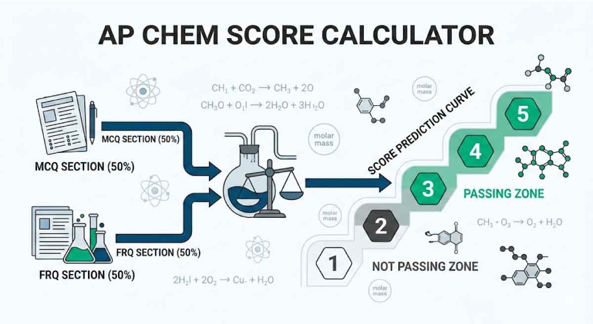An informative infographic explaining the AP Chemistry Score Calculator process. The illustrates how MCQ (50%) and FRQ (50%) scores combine. Arrows lead to a "SCORE PREDICTION CURVE" ladder numbered 1 through 5. Scores 3, 4, and 5 are in the green "PASSING ZONE", while 1 and 2 are in the "NOT PASSING ZONE". Visual elements include beakers, scales, balanced chemical equations (like CH₄ + CO₂ → CH₃ + CO), atomic models, and molecular structures.