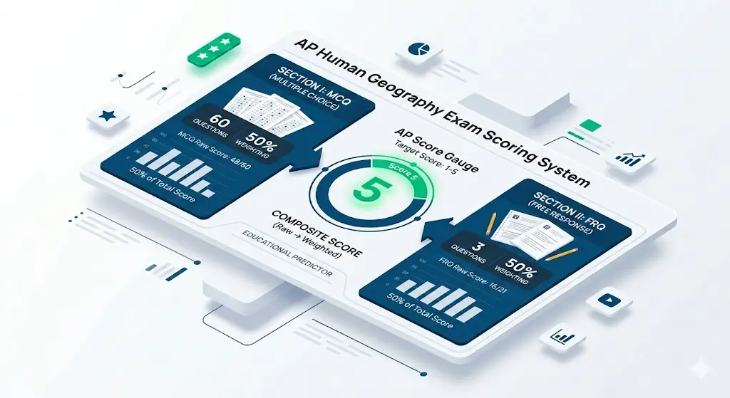 A 3D educational infographic showing the AP Human Geography score calculator logic. It displays the equal multiple-choice and free-response grading weights. The center gauge reveals a perfect target score of 5.