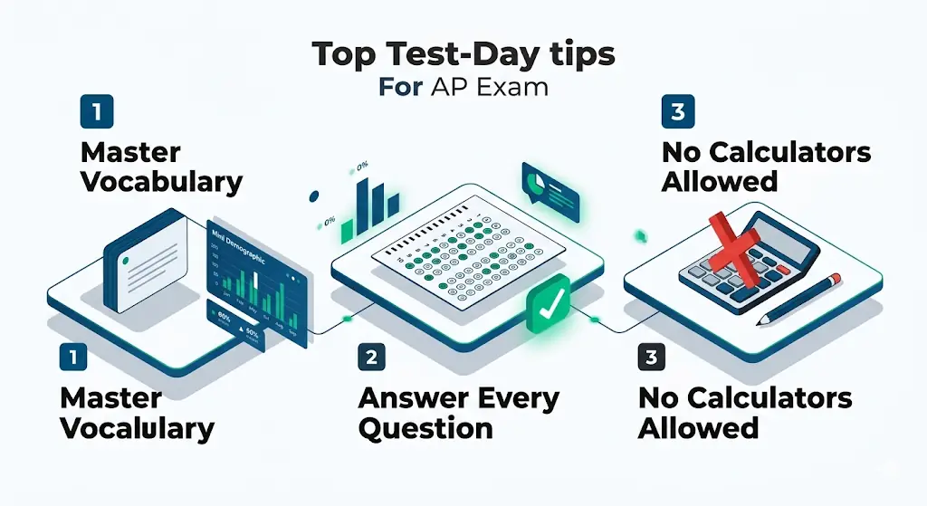 A 3D educational infographic displaying top test-day tips. It highlights mastering vocabulary and answering every question to help maximize your AP Human Geography score calculator prediction.